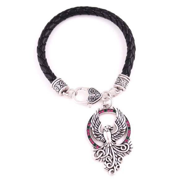 Drop Shipping PHOENIX Rising Pendant Anquite Silver Majestic Solar FIRE BIRD Amulet Leather Chian Bracelet Jewelry