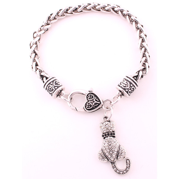 Fashion Antique Silver White And Black Crystal LOVE CAT Pendant Animal Wheat Chain Bracelet Lobster Claw Jewelry