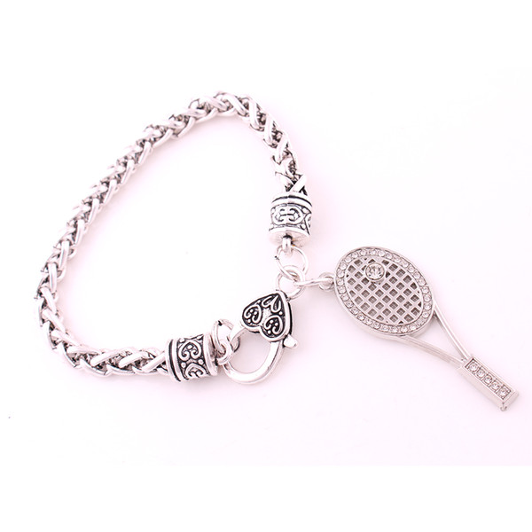 TENNIS RACKET & Faceted Crystal Ball Charm Wheat Chain Bracelet is Embellished With Rhinestones Lobster Claw Closure