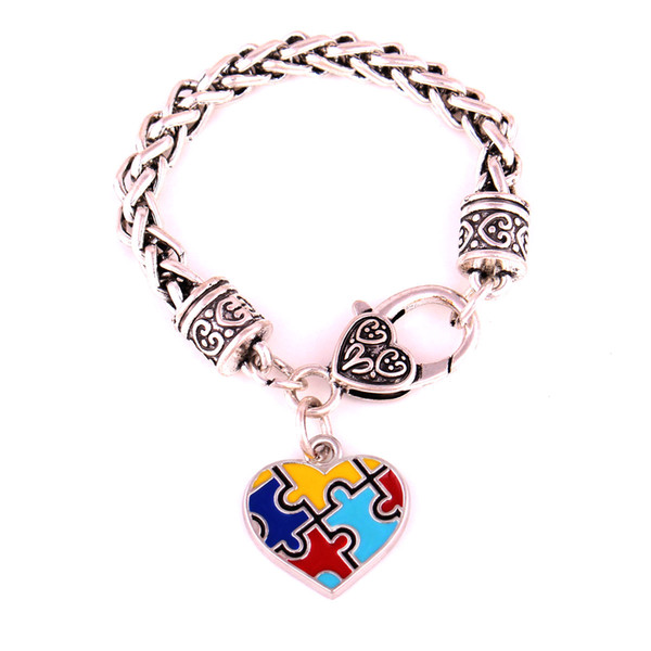 Autism Awareness Puzzle Piece Colorful Fashion Heart Shape Charm 15cm20cm24cm(Pick Your Size) Lobster Claw Bracelet Jewelry