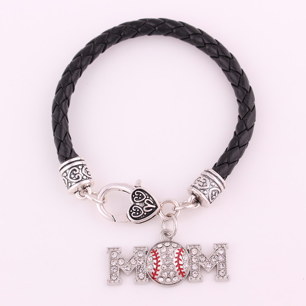 Drop Shipping Baseball MOM Bracelet Jewelry Rhinestone Fashion Antique Silver Plated Leather Rope Chain Sports Charm Bracelet