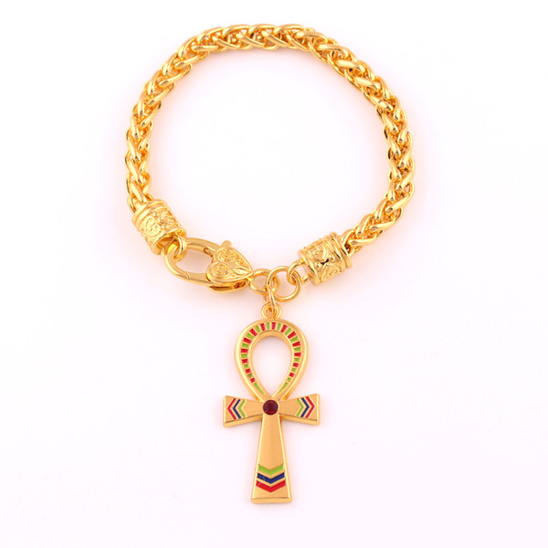 Vintage Egyptian Ankh Cross Symbol Of Life Pendant Bracelet Gold Charm Crystal Ornament Wheat Link Chain