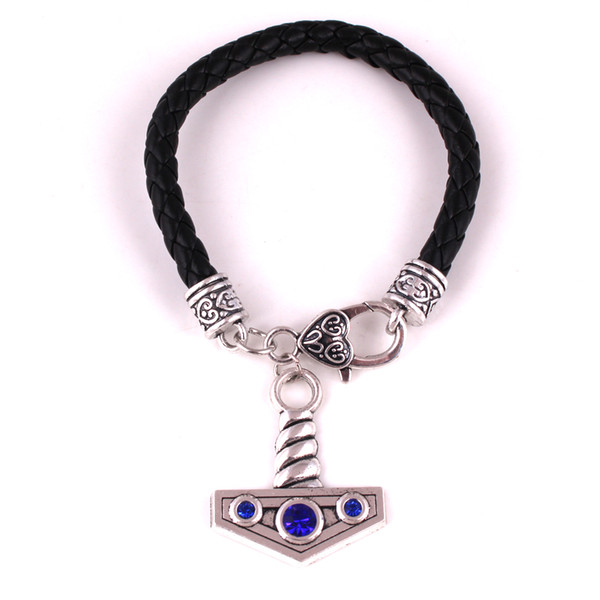 Fashion Large THOR'S HAMMER Pendant Bracelet Sliver Religion Leather Chain Bracelets Set With Crystal Onyx Jewelry