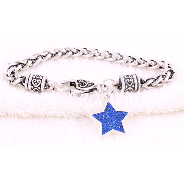 Europe New Arrival Silver Plated Studded With Blue Or Red Crystal Stars pentacle Charm Pendant Wheat Chain Trendy Bracelet