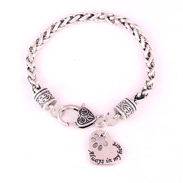 Always in My Heart Written Hollow Out Cat Paw Print Heart Pendant Charm Wheat Chain Bracelet