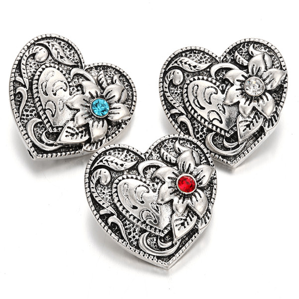 Wholesale 18MM Snap Jewelry Rhinestone Vintage Love Heart Metal Snap Buttons Fit 18mm Snap Bracelet Bangle for Women