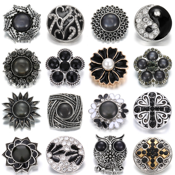 New Noosa Jewelry Black Flower 18mm Snap Buttons Fashion Pierced Crystal Metal Ginger Clasps DIY Noosa Button Jewelry Accessories