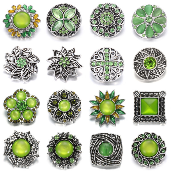 New snap button bracelet jewelry green crystal flower 18mm metal snap buttons fit noosa chunk bracelet interchangeable jewelry