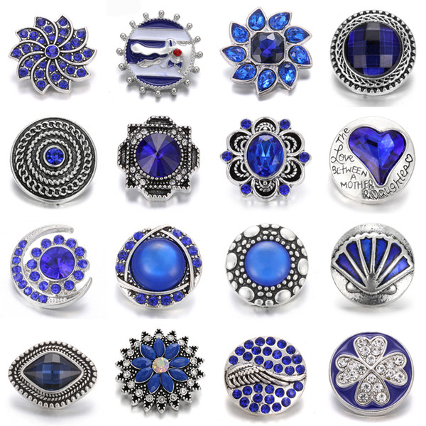 New 18mm Snaps Jewelry Blue Rhinestone Flower 18mm Metal Snap Buttons Fit Snap Bracelets for Women DIY Noosa Chunks Jewelry