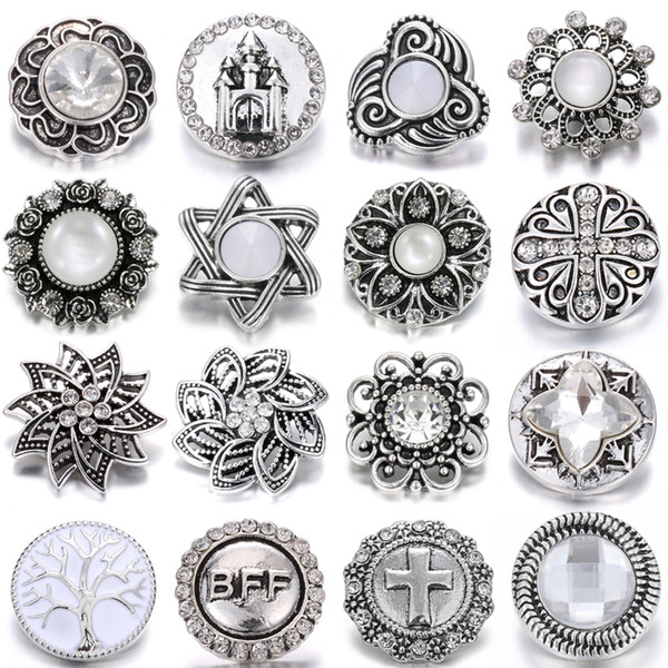 2019 New Noosa Snap Jewelry 17 Designs White Crystal Flower Snap Buttons Fit DIY 18mm Snap Bracelet Bangle Necklace Buttons Jewelry