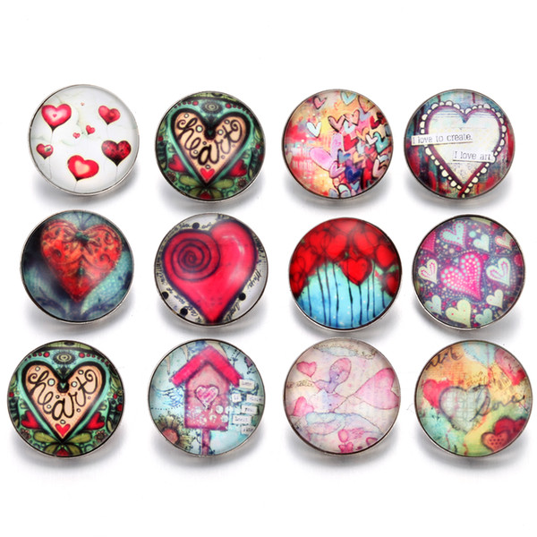 DIY Snap Jewelry Mixed Colors Love Heart 18mm Glass Snaps Fit button snaps Bracelets Noosa Chunk Snap Button Jewelry