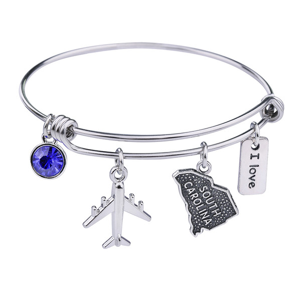 Lemegeton Wholesale I love maps of USA States South Carolina South Dakota Texas Stainless Steel Bracelet and Bangle with Blue Rhinestone