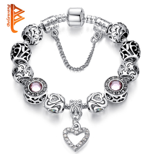 BELAWANG High Quality European Silver Heart Pendant Beads Bracelets&Bangles with Crystal Charm Beads for Women DIY Jewelry with Safe Chain