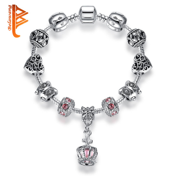 BELAWANG European 925 Silver Heart Charms Bracelets&Bangles With Pink Crystal Crown Cross Beads Bracelet for Women Wedding Jewelry Gift