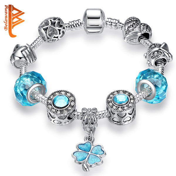 BELAWANG Christmas Gift Blue Murano Glass Beads Crystal Clover Charm Bracelet Fit European Bracelet Women Friendship Silver Plated Jewelry