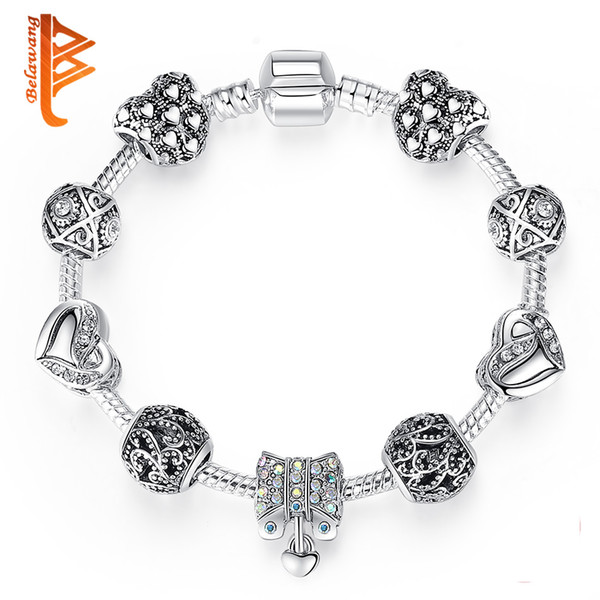 BELAWANG Antique Silver Heart Charms Bracelet Cubic Zirconia Bracelet For Women European Style Wedding Jewelry Valentine Day Gift