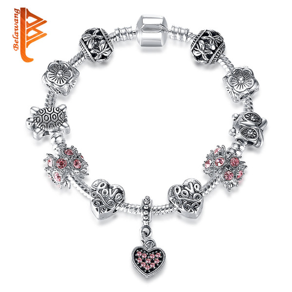 BELAWANG LOVE Letter Bracelet Silver Heart Charm Pink CZ Charm Bracelets Tortoise&Flower&Butterfly Charm Beads for Women Wholesale Jewelry