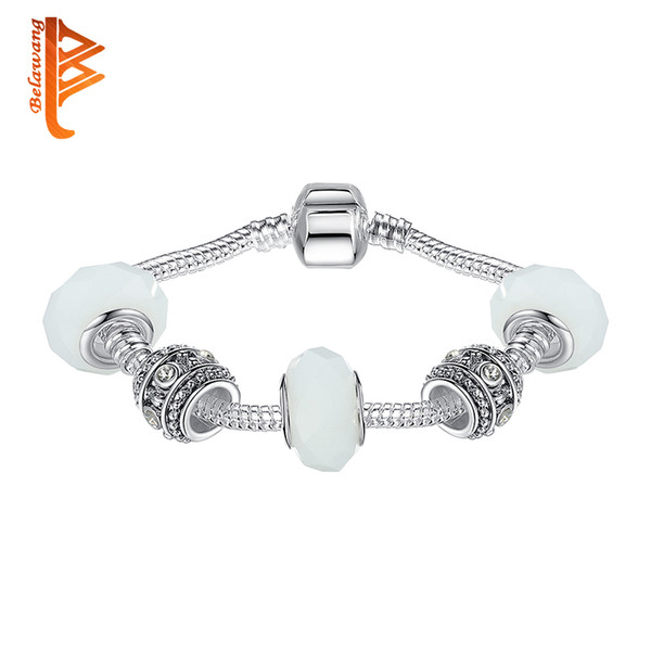 BELAWANG Silver Charm Bracelet Bangle for Female With White Murano Glass Beads Charm DIY Jewelry Wedding Jewelry 18-20cm Free Shipping