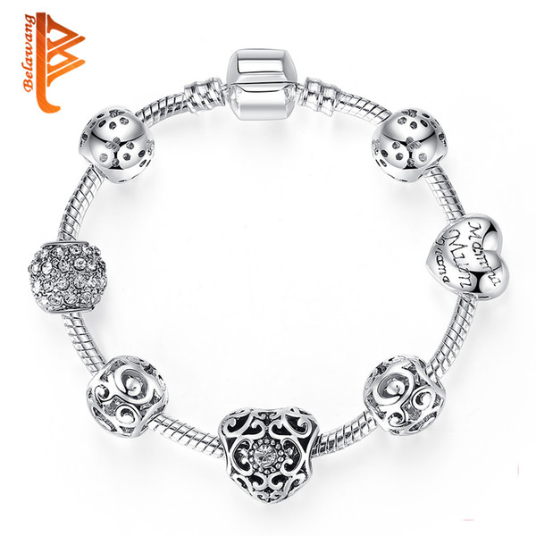 BELAWANG Antique Silver Crystal Love Heart Charms Bracelet for Women European Style Original Beads Bracelets DIY Jewelry Gift