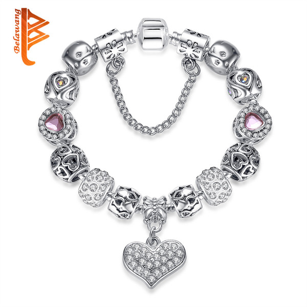 BELAWANG Valentine's Gift 925 Unique Silver Jewelry Heart Bracelet&Bangle European Crystal Charms Beads Bracelet For Women Jewelry Gift