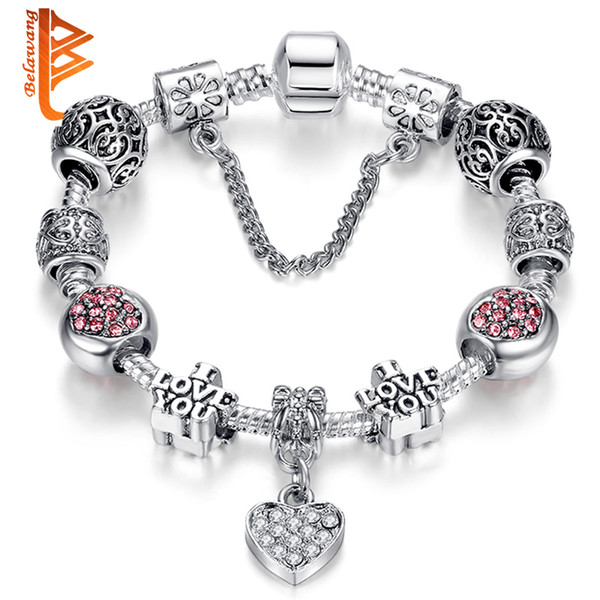 BELAWANG Silver Plated Heart Shape CZ Pendant Charm Bracelets Letter 