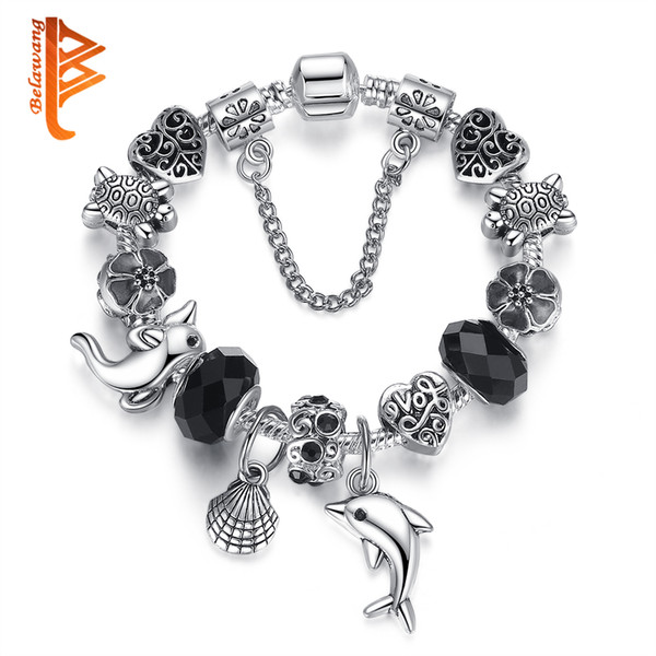 BELAWANG Fashion DIY Jewelry Black Murano Glass Crystal Beads Bracelet For Women 925 Silver Dolphin Shell Flowers Charm Bracelets Gifts