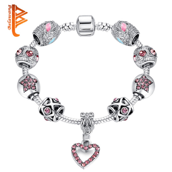 BELAWANG European Charm Bracelet For Women Pink Crystal Heart Bead Fit Original Snake ChainBracelet&Bangle Friendship Jewelry Christmas Gift