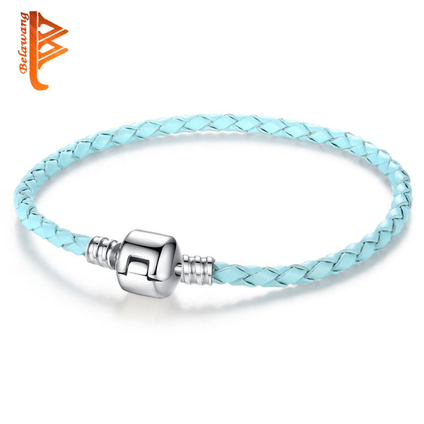 BELAWANG Sky Blue 100% Genuine Leather Bracelets for Women Men Silver Color Clasp Charm Bracelet & Bangle Christmas Gift Fashion Jewelry