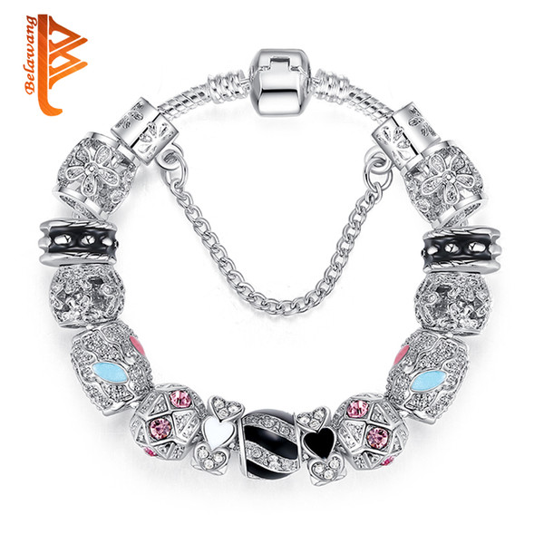 BELAWANG Women Love Heart Charm Bracelets&Bangles Silver Plated CZ Beads Snake Chain Fashion Jewelry with Safe Chain Fit Original Bracelets