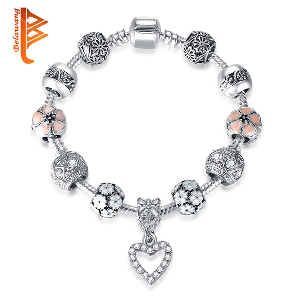 BELAWANG Silver Charm Bracelet Bangle with Crystal Heart & Cherry Blossom Beads Friendship Enamel Flower Bracelets Women Fashion Jewelry