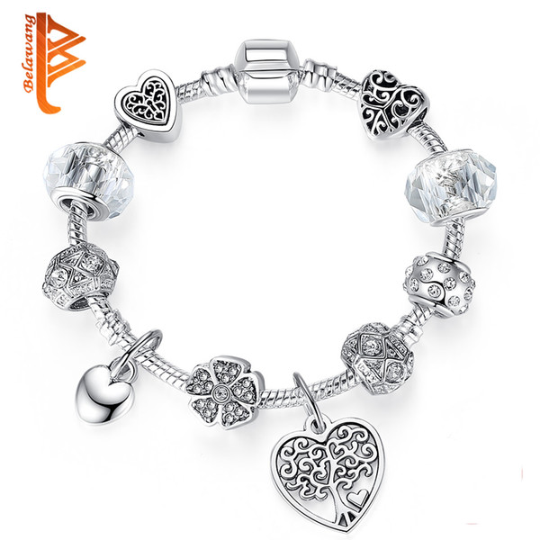 BELAWANG Trendy Tree of Life Pendant Charms Bracelet for Women Antique Silver Handmade Bracelet Crystal Heart Jewelry Making