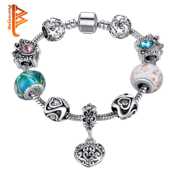 BELAWANG Mother's Day Gift Silver Crystal Butterfly Charm Bracelets For Women Heart Star Pendant&Murano Glass Beads Bracelets Jewelry