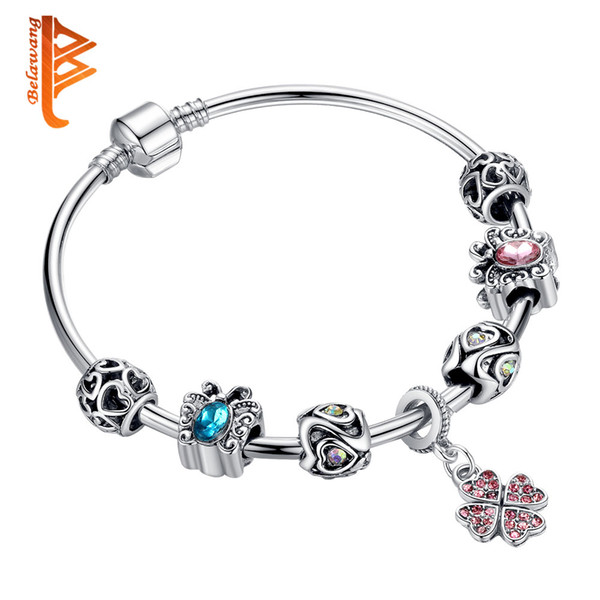 BELAWANG European Silver Charm Bracelets&Bangles Clear Crystal Charm Beads Authentic DIY Fashion Jewelry for Women Christmas Gift 6.5 cm