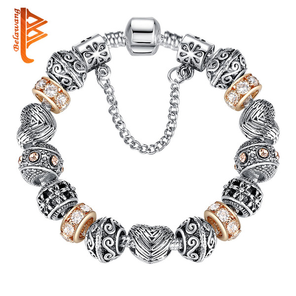 BELAWANG New Fashion Silver Plated Heart Beads Charm Bracelets&Bangles Rose Gold Cubic Zirconia Beads Bracelet For Women Christmas Gift