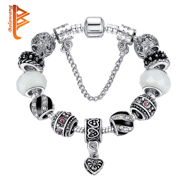 BELAWANG 925 Antique Silver Charm Beads Bracelet With Clear Murano Glass&Crystal Heart Charm Fit Original Bracelet for Women Jewelry 17-21cm