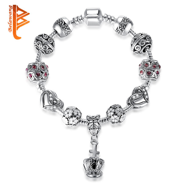 BELAWANG European Rhinestone Beads Charm Bracelets Fashion Black Crystal SliveR Plated Crown Charm Bracelets Bangles Women Original Jewelry