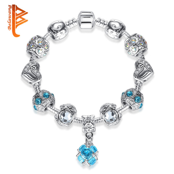 BELAWANG 925 Silver Heart Charm Bracelet with Blue Crystal Pendant for Women Silver Plated Snake Chain Bracelet Bangle Jewelry Accessories