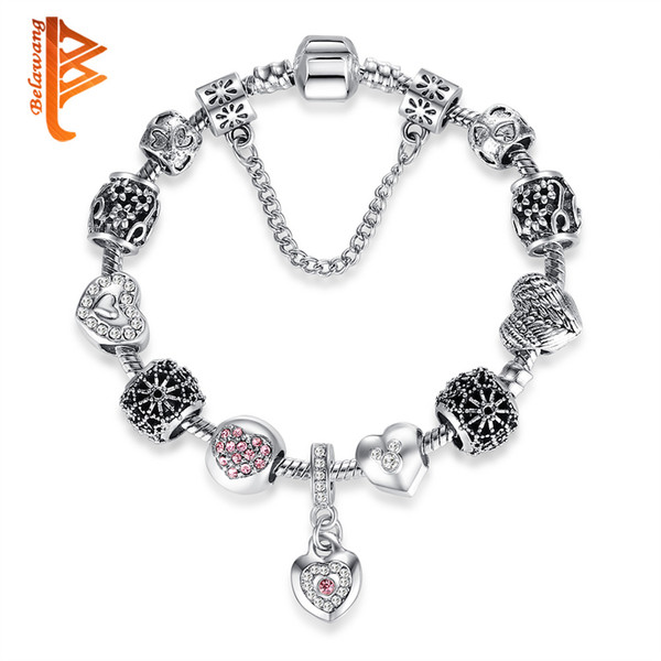 BELAWANG Silver Women Bracelet Heart Charms Bracelet Pink Clear Cubic Zirconia Beads Bracelet Romantic Jewelry Anniversary Gift