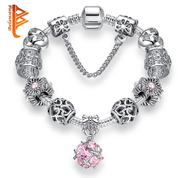 BELAWANG European Silver Plated Pink Crystal Pendant Beads Bracelets&Bangles Pink Murano Glass Beads&Simulated Pearl Heart Charm Bracelets