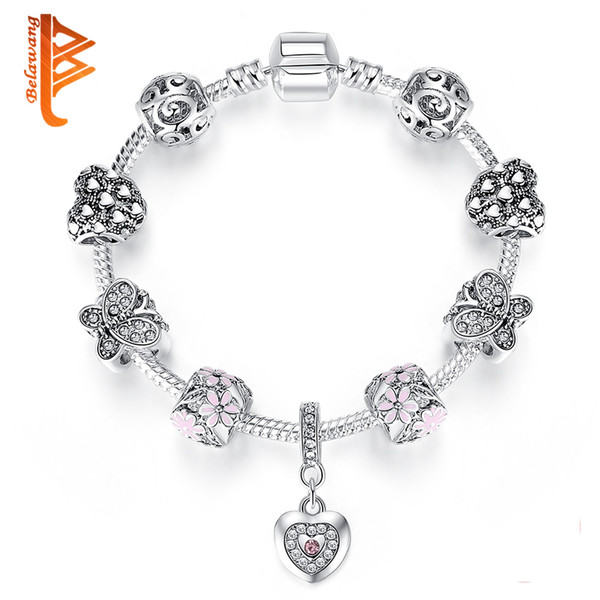 BELAWANG Antique Silver Charm Bracelet For Women Love Heart & Flower Bracelet With Cubic Zirconia Wedding Jewelry Mother Day Gift