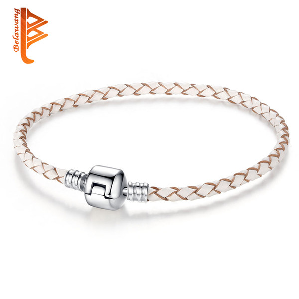 BELAWANG Nude White Color Simple Silver Plated Clasp Genuine Leather Bracelet for Women Men Original Charm Bracelet Bangles DIY Bead Jewelry