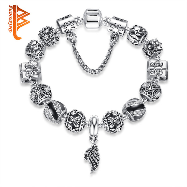 BELAWANG Authentic Jewelry Silver Crystal Angel Feather Wing Pendant Charm Bracelet Fit Original Bracelet&Bangle for Women Pulserias Gift