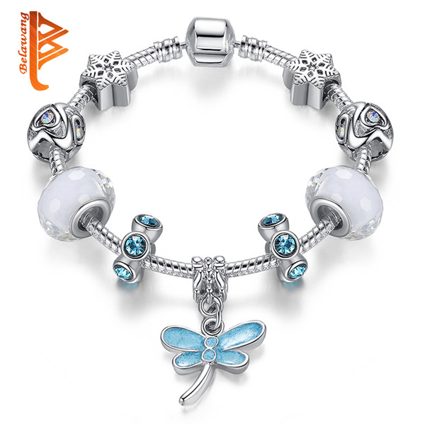 BELAWANG White Murano Glass Beads Snake Chain Jewelry Silver Plated Blue Dragonfly Pendant Charm Bracelets&Bangles For Women Children Gift