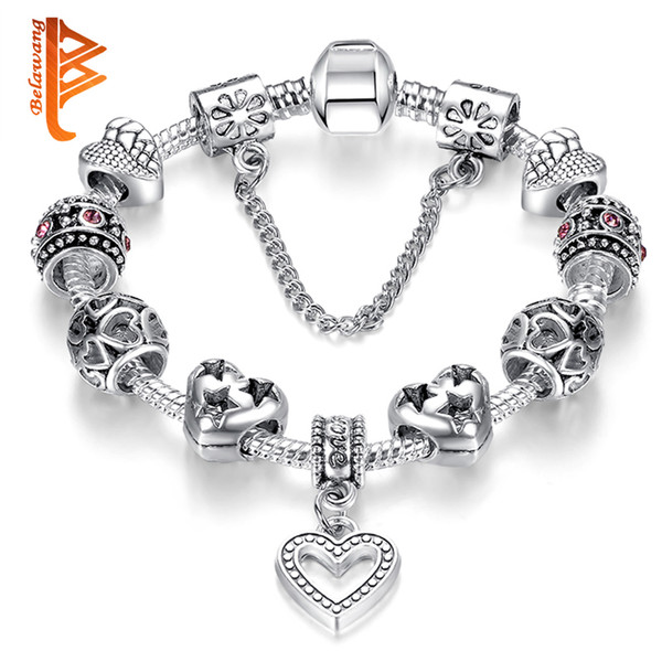 BELAWANG Free Shipping Silver Plated Snake Chain Charm Bracelets Love Heart Shape Pendant Cubic Zirconia Star Beads Bracelet&Bangles 18-20cm