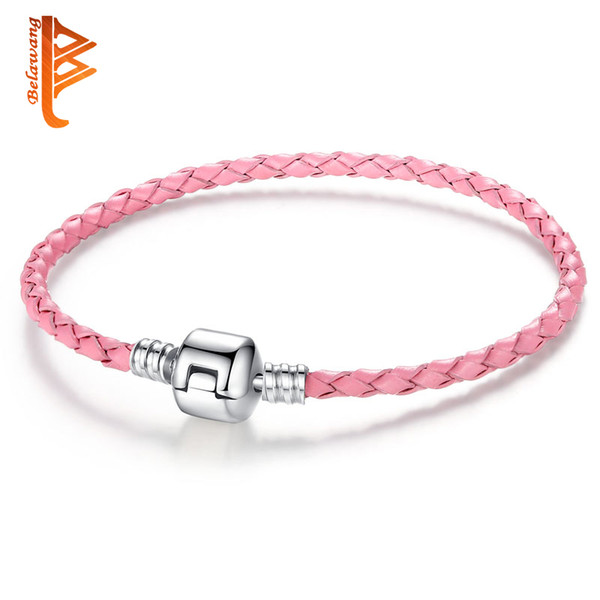 BELAWANG Autnentic Unique Silver Color Clasp Pink Genuine Leather Bracelet Fit Women Men Original Charm Bracelet Necklace DIY Jewelry