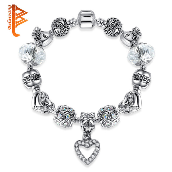 BELAWANG 925 Silver Love Heart CZ Pendant Bracelet White Clear Murano Glass Beads Charm Bracelets&Bangles for Women DIY Jewelry Accessories