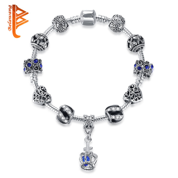 BELAWANG Brand New Elegant Snake Chain Bracelet with Deep Blue Crystal Heart Charm Bracelet With Silver Crown Pendant Female Party Jewelry