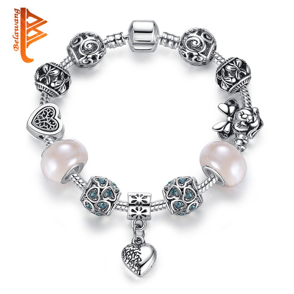 BELAWANG Silver Heart Charm Bracelets for Women With Murano Crystal/Glass Bead Butterfly Bead Bracelet Original Jewelry Christmas Gift