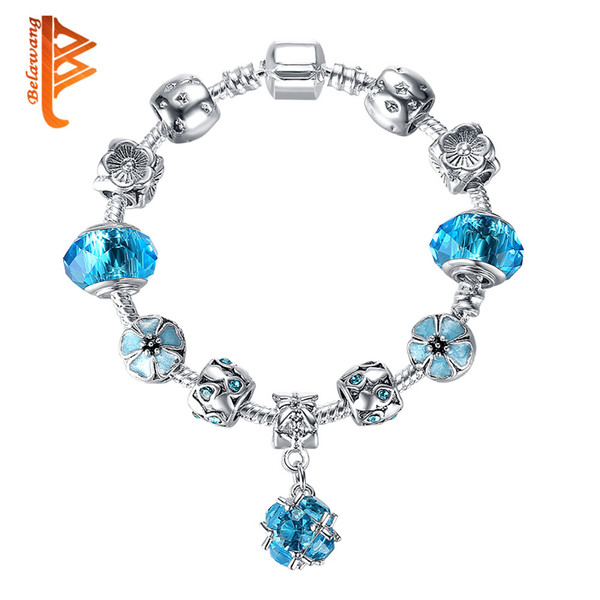 BELAWANG New Arrival Blue Crystal Murano Glass Beads Heart Charm Bracelets For Women Silver Snake Chain Bracelets&Bangles Original Jewelry