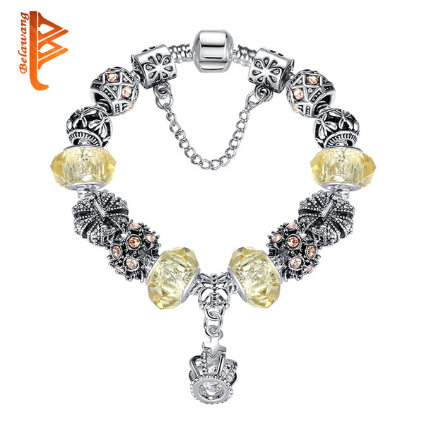 BELAWANG European&American Style 925 Silver Love Charm Bracelets & Bangles With Yellow Crystal Beads Female Jewelry For Women Free Shipping